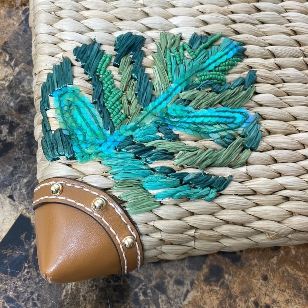 Michael Kors 🏝 MALIBU STRAW ZIP CLUTCH embroidered palm - Picture 10 of 15